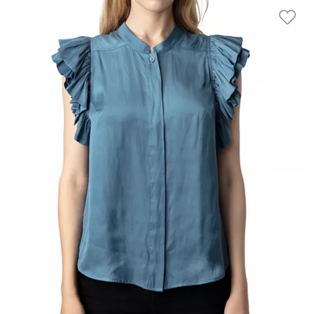 NEW Zadig & Voltaire Tiza Satin Ruffled Sleeve Top, size Small, color Bluestone
